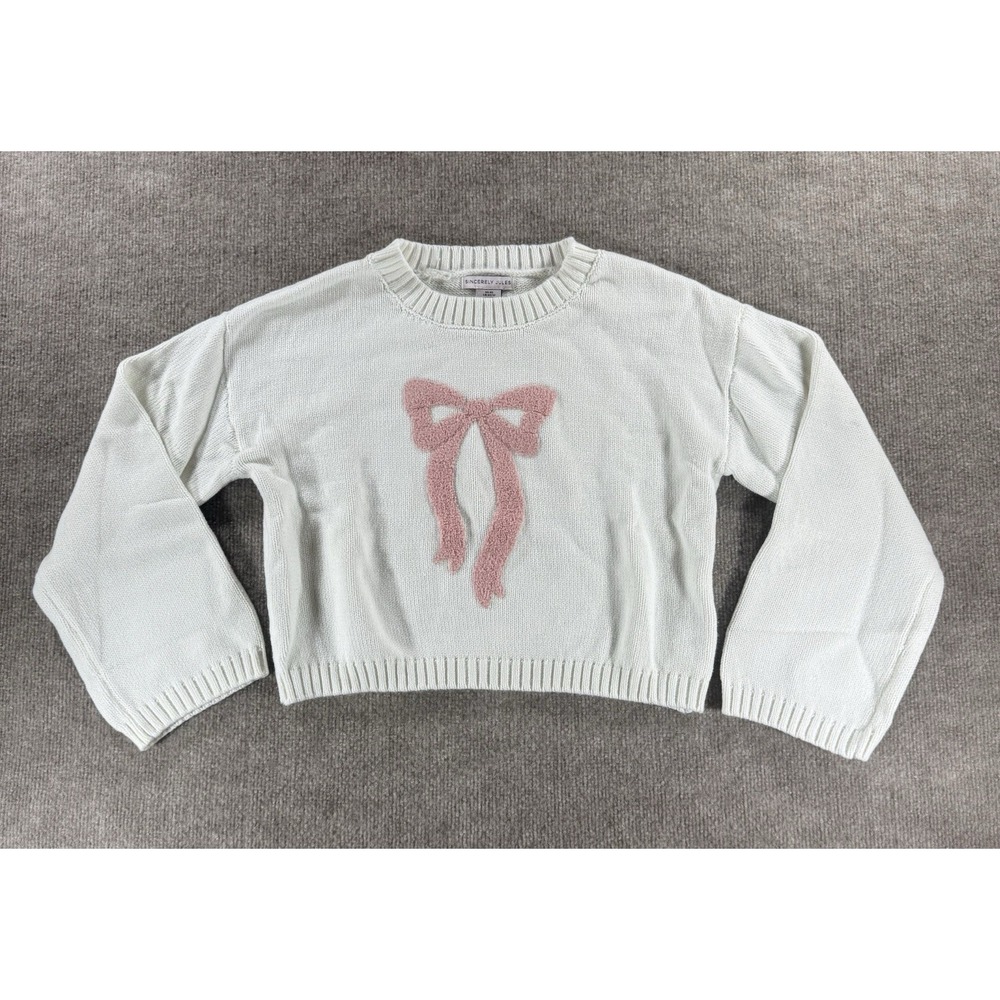 Sincerely Jules Bow Sweater XS White Pink Knit Crop Pullover Cozy Cute - Picture 1 of 8